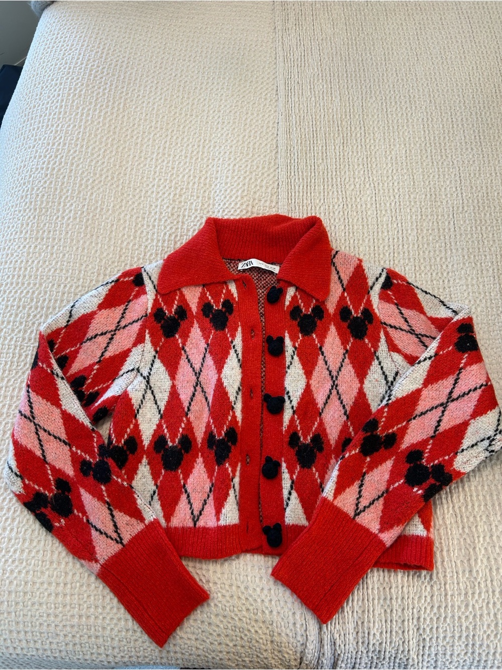 Zara Red Argyle Knit Cardigan Mickey Mouse - Disney collection